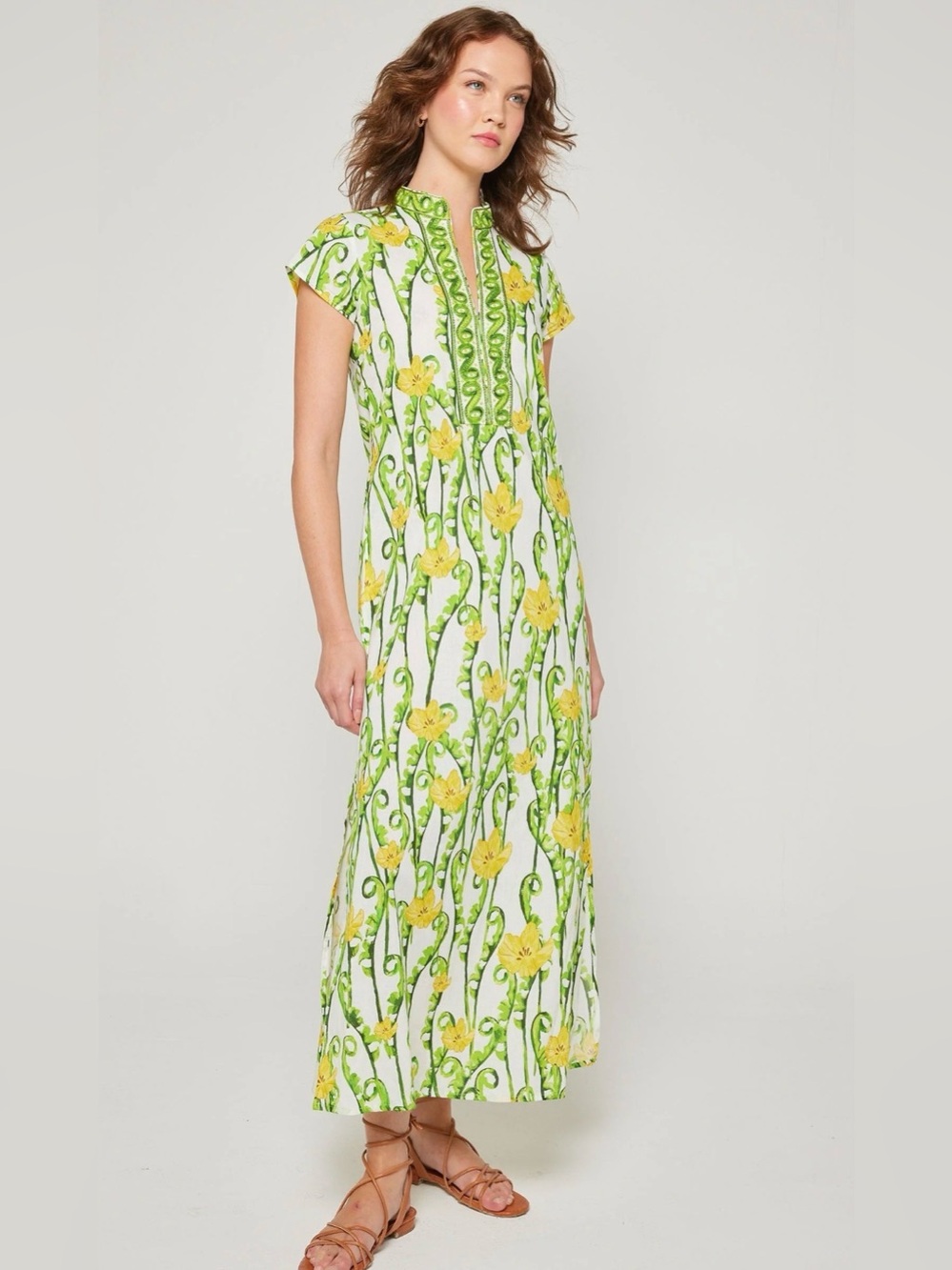 Floral Stand-Collar Maxi Dress in White, Yellow & Green - Picture 2 of 15